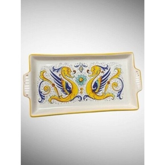 NWOB Ceramic Nova Deruta Hand Painted Flower Dragons Tray Italy 10.75"x5” - Picture 1 of 11